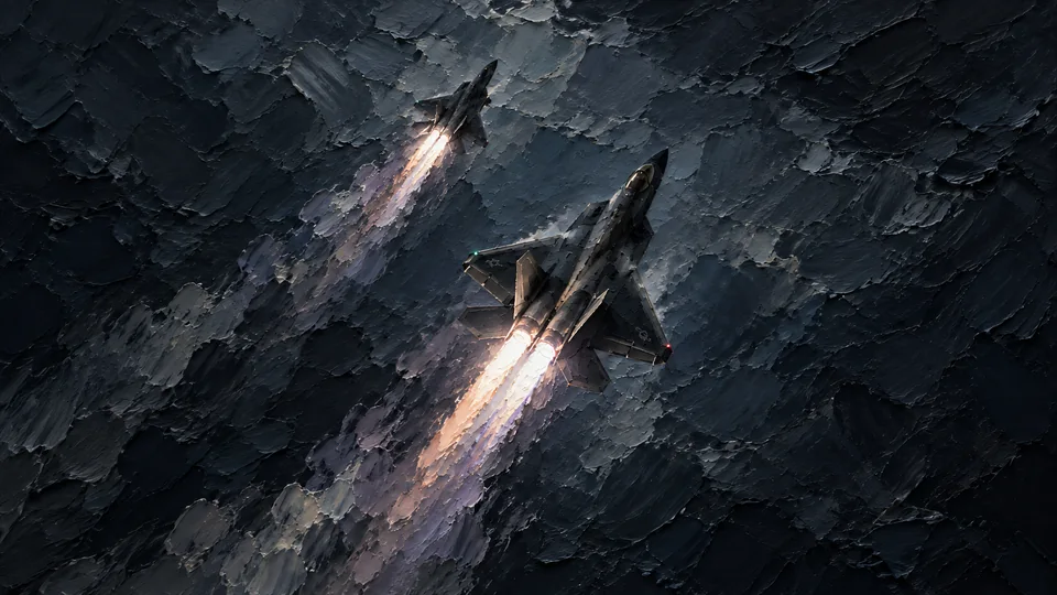Two fighter jets climb through a charcoal night, luminous afterburners carved in ivory, peach and lavender impasto against thick slate-blue palette-knife strokes.