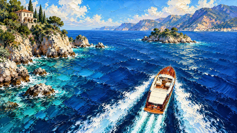 A wooden speedboat cuts through brilliant blue Mediterranean water, beside sunlit cliffs, a villa and distant mountains, painted in thick impasto.