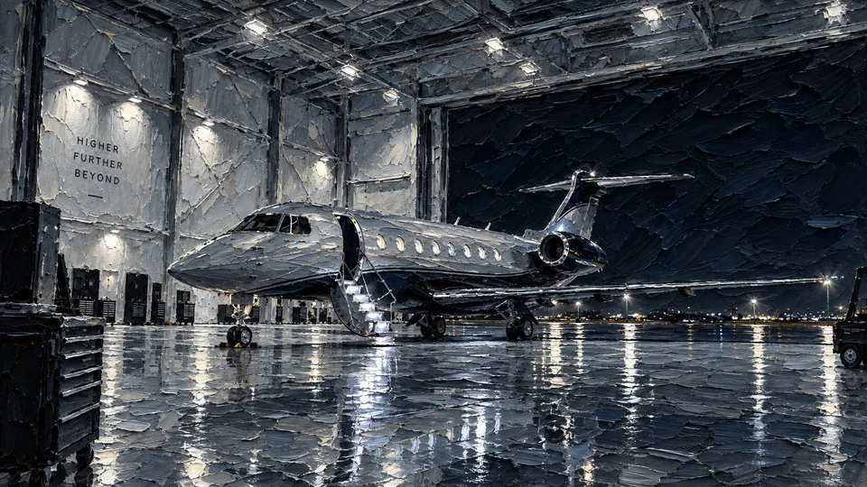 A silver private jet waits beneath hangar lights at night, rendered in thick sculptural palette-knife paint with luminous reflections across the floor.