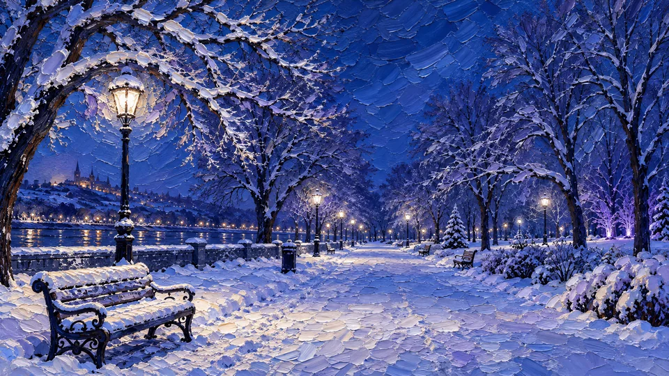 A snow-covered riverside promenade glows under lamplight, with a foreground bench, receding trees, and a distant castle, rendered in thick cobalt, lavender, and ivory palette-knife impasto.